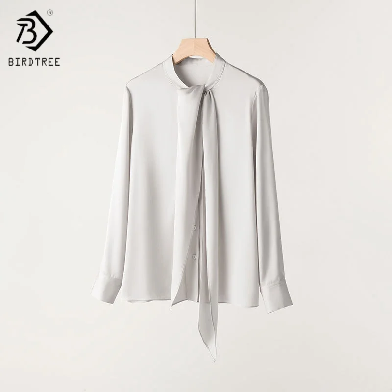 

Birdtree, 93% Real Silk 7% Spandex Solid Blouse, Women's Ribbon Full Sleeve Shirt, Single Breasted Tops, 2025 New T5D704JF