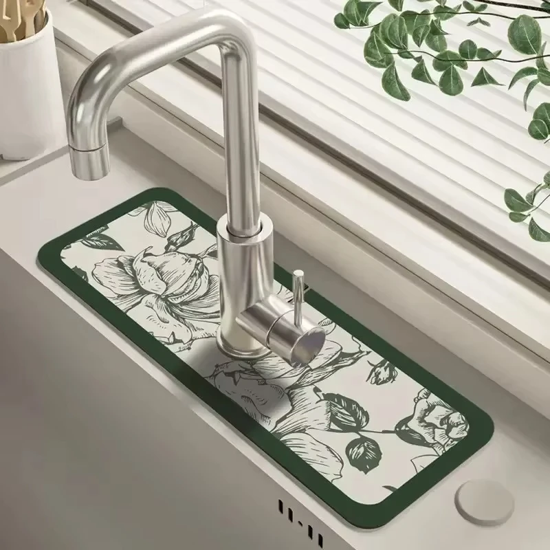VIKAMA Faucet Drain Pad Retro Self-priming Kitchen Countertop Drain Mat Wipeable Anti-slip Mat Absorbent Dish Drying Mat