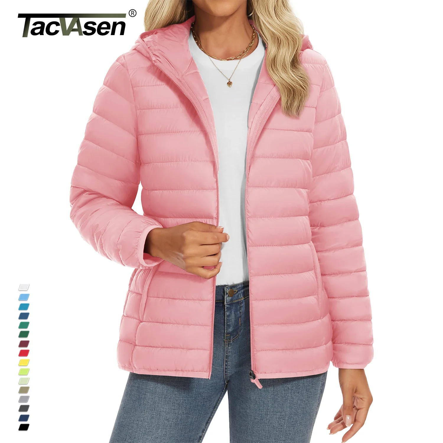 

TACVASEN теплые пуховики с капюшоном, Женская Стеганая куртка на молнии с множеством карманов, зимнее водонепроницаемое пальто для кемпинга, легкое пальто