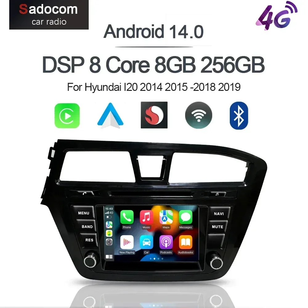 Автомобильный Android-плеер Qualcomm Carplay Android 15.0 8G+256G 8-ядерный GPS-навигатор с Wi-Fi и мультимедиа для Hyundai I20 2014-2019