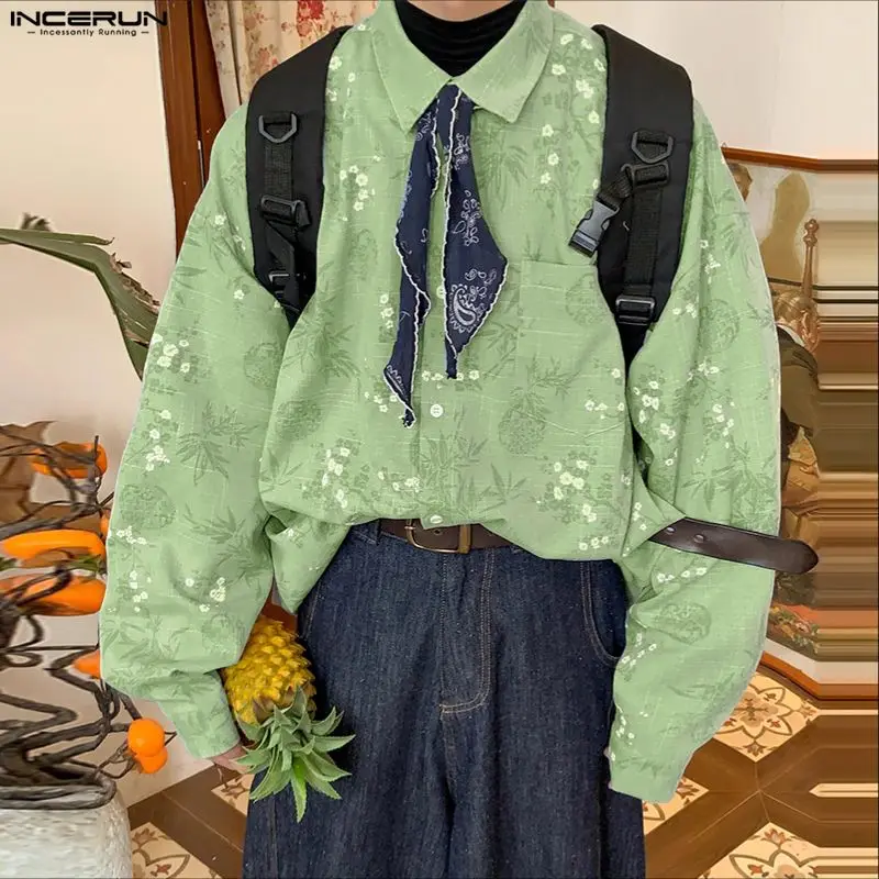 

INCERUN Men Shirt Printing Lapel Long Sleeve Loose Men Clothing Streetwear Button Korean Style Fashion Casual Tops Male Shirts