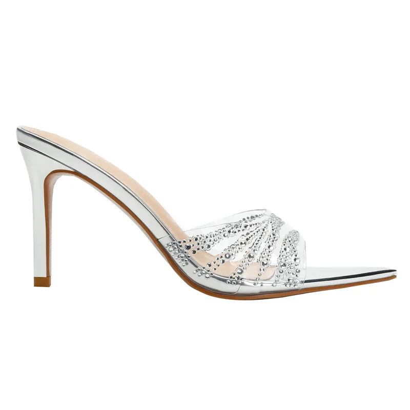 

2026 Women's White Transparent PVC Rhinestone-Embellished Stiletto High Heel Pointed Toe Mules Party Sandals