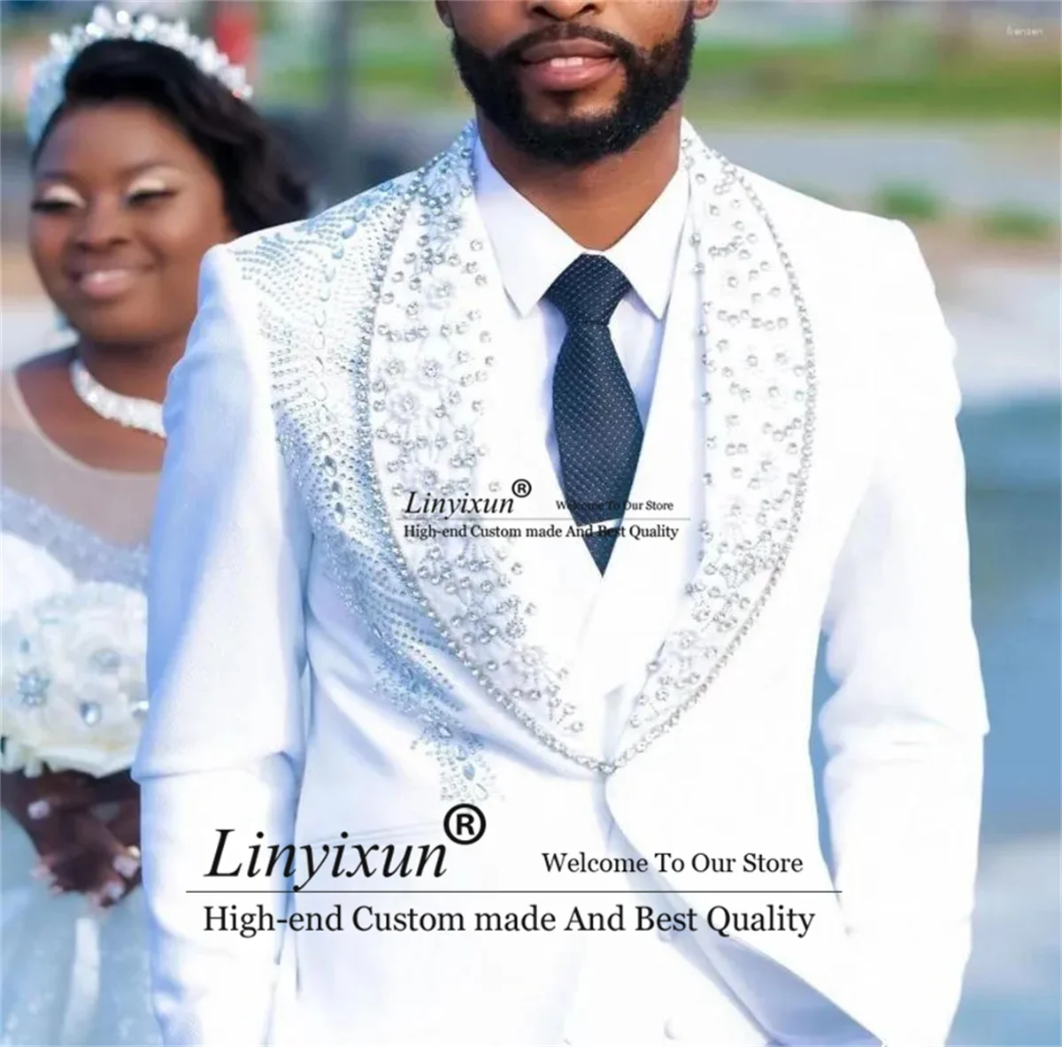 Perline di lusso diamanti smoking uomo abiti scialle bavero sposo 3 pezzi set blazer da sposa pantaloni outfi Terno Masculino Completo