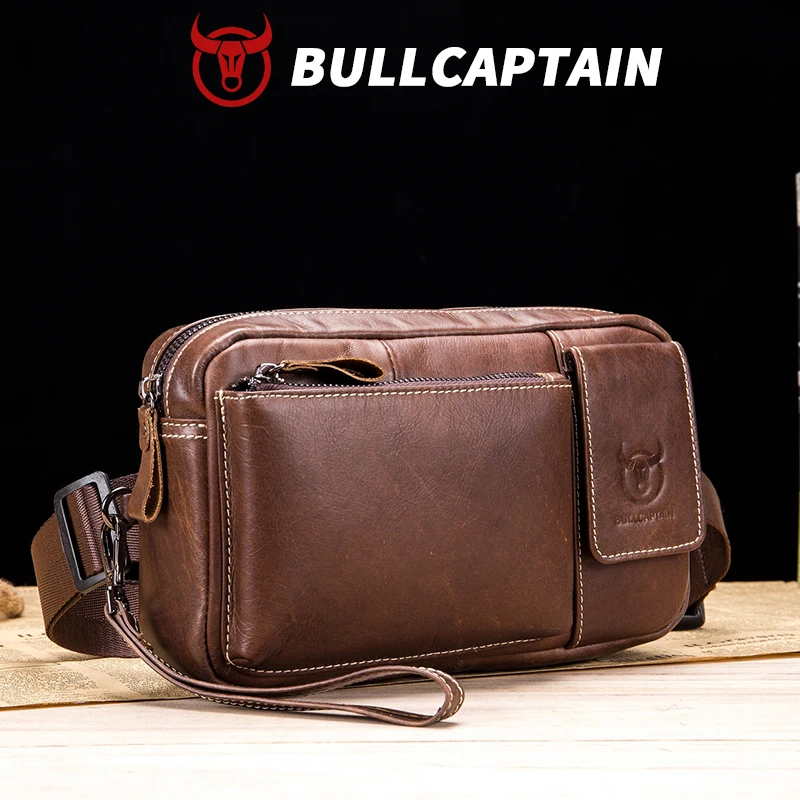 BULLCAPTIAN leather waist bag with belt, mobile phone bag, outdoor sports  Fanny Pack for men Men's Clutch Casual Key Bag