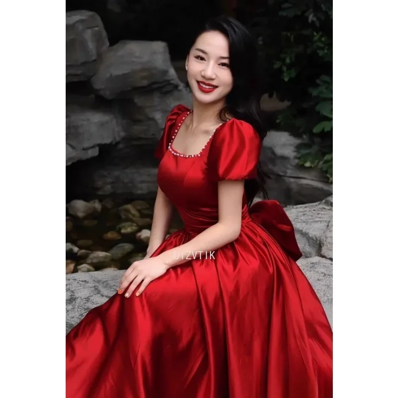 

2025 Women Summer Elegant Off Shoulder Red Party Dress Female Vintage Puff Sleeve High Waist Wedding Dress Lady Long Dress Bow