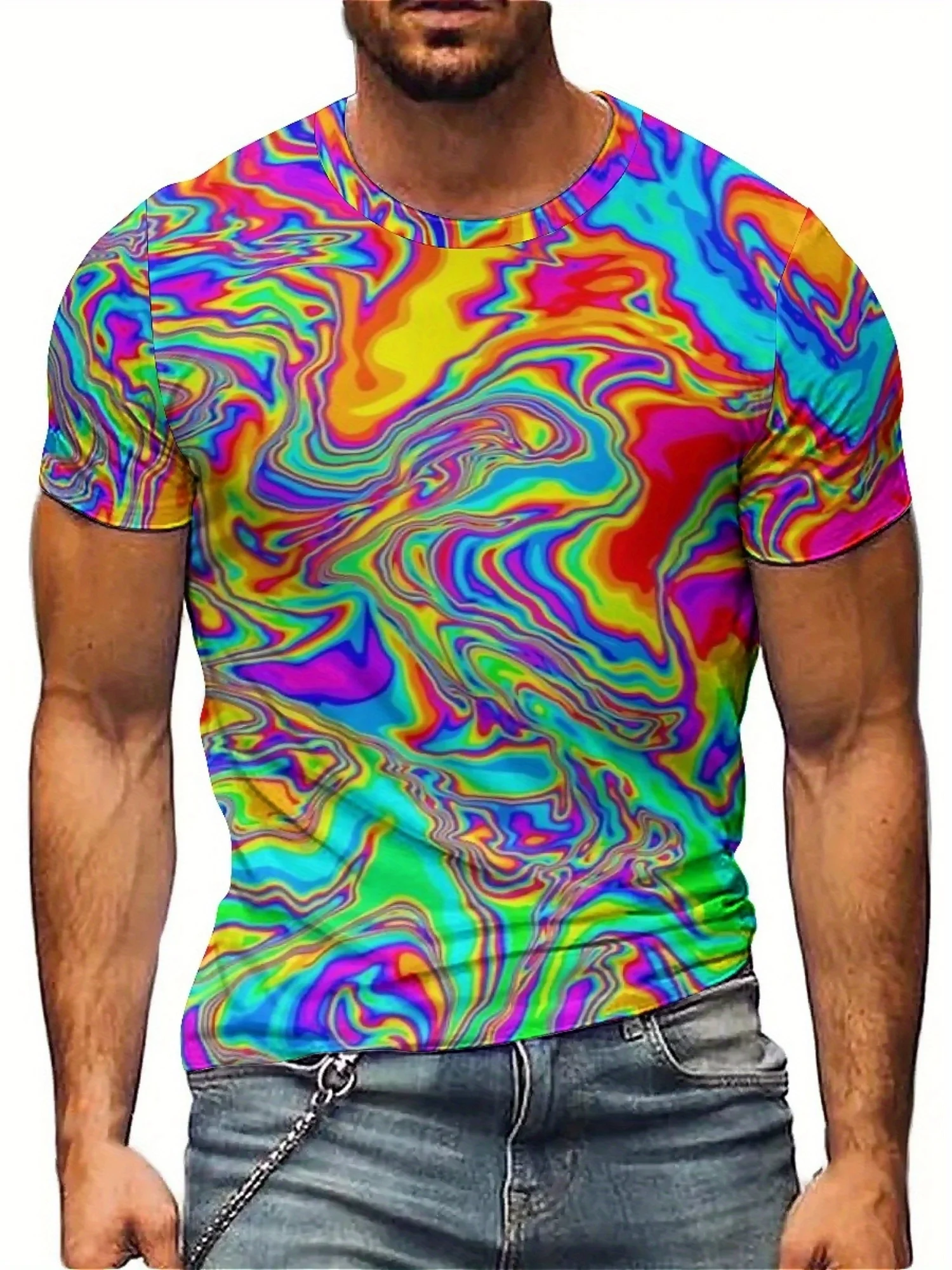 Camiseta masculina vibrante tie-dye com estampa 3D de manga curta estilo punk divertido, tecido de poliéster leve e respirável