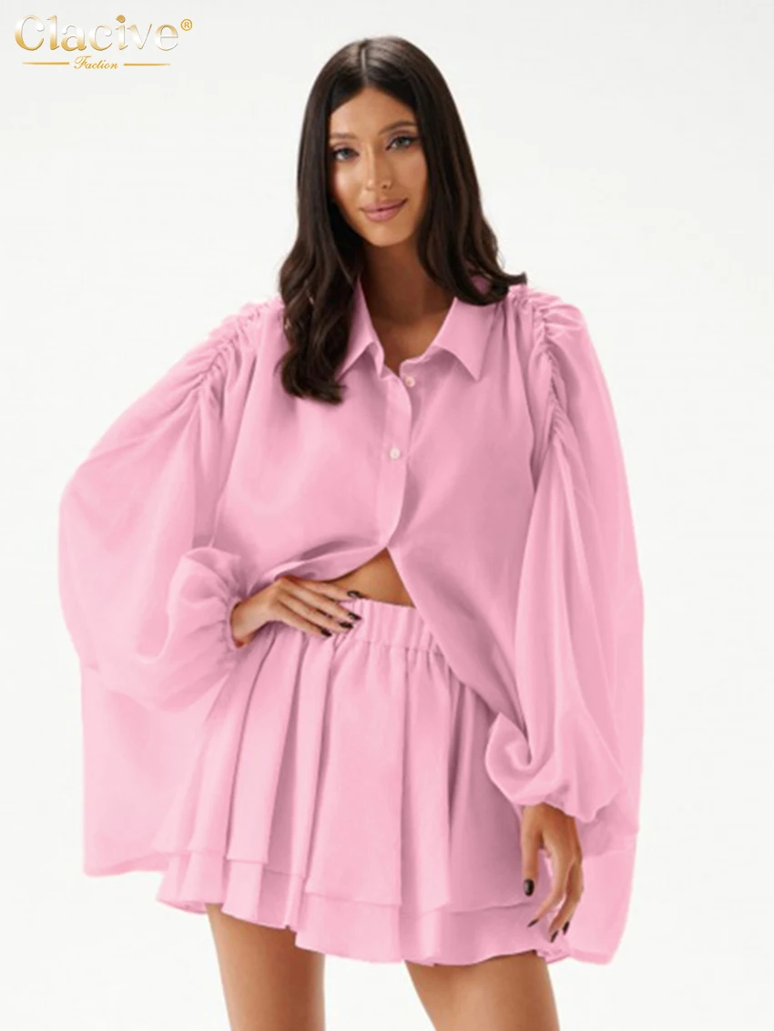 

Clacive Fashion Loose Pink Cotton Two Piece Outfit Woman Elegant Long Sleeve Shirt With High Waist Pleated Mini Skirt Set Female