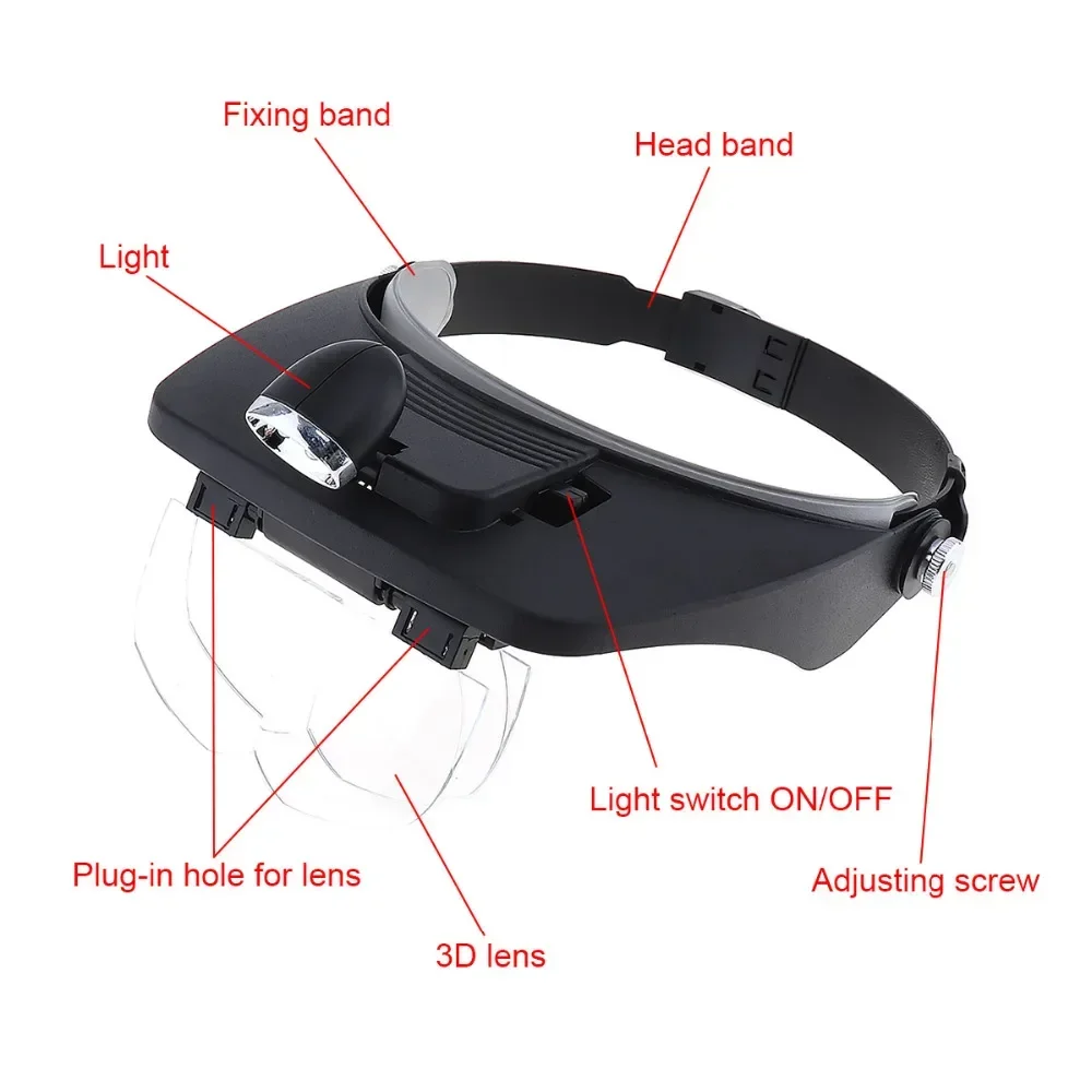 Head Magnifying Glasses with LED 10 Power Magnifier for Reading Optivisor Magnifying Glass Loupes Jewelry Watch Repair 3 Lamp