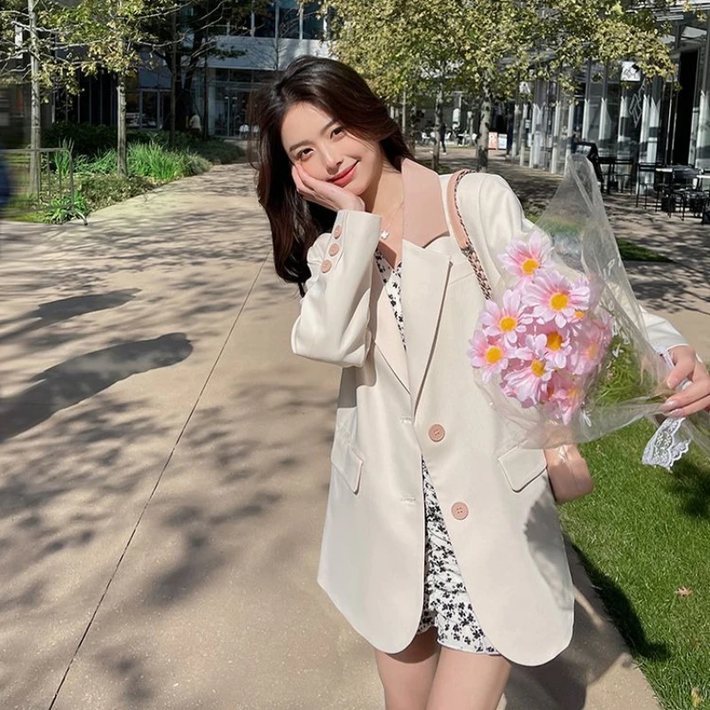 الحلو الطازجة الوردي المرقعة المرأة السترة فضفاضة عادية ربيع الخريف جديد الراقية أنيق الشباب ارتداء اليومي دعوى طويلة الأكمام