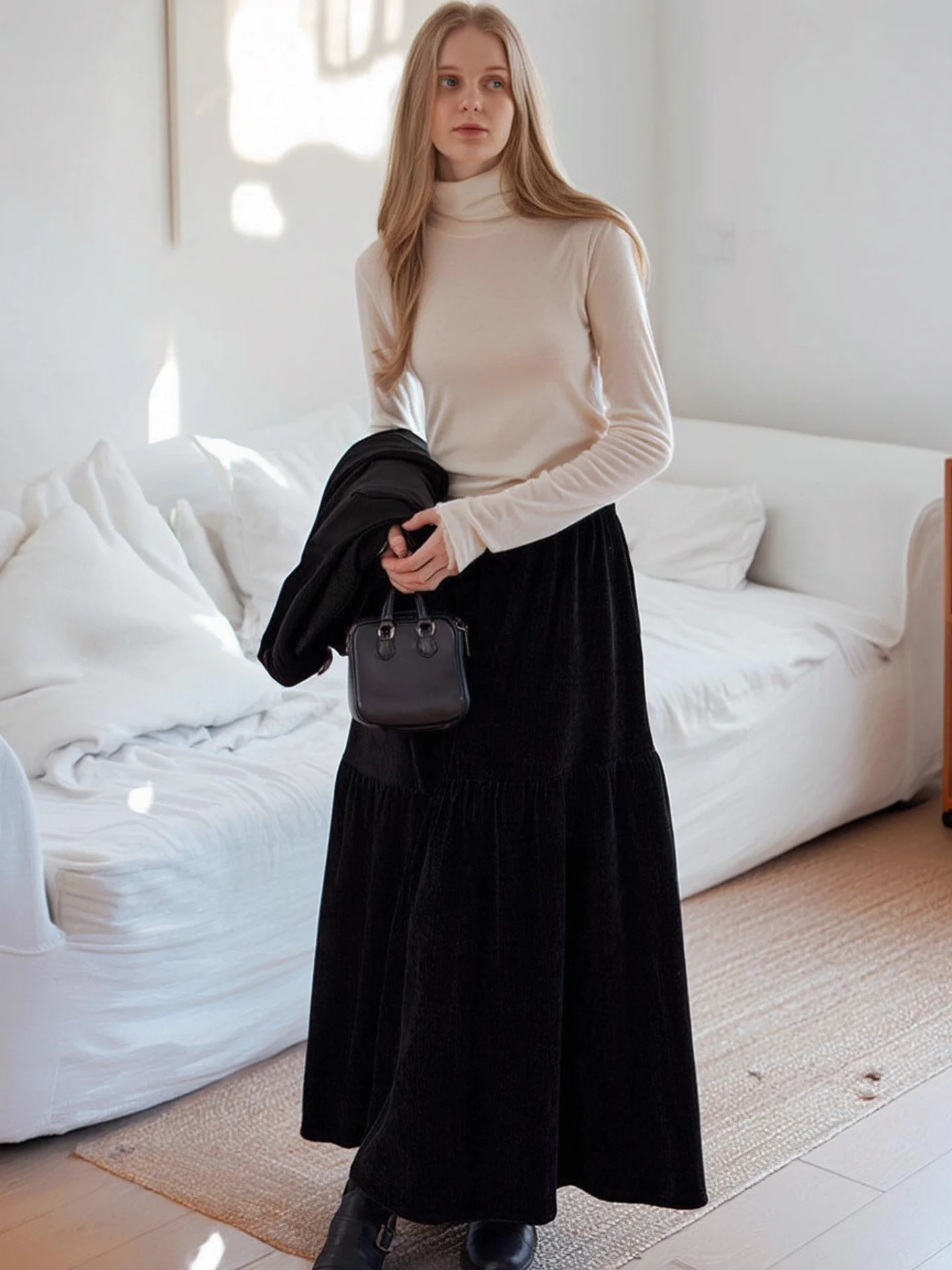 

HUAAPPUW Black Velvet High Waist Skirt Women's Elastic Waist Draped A-Line Cake Skirt Casual Style Polyester Fiber