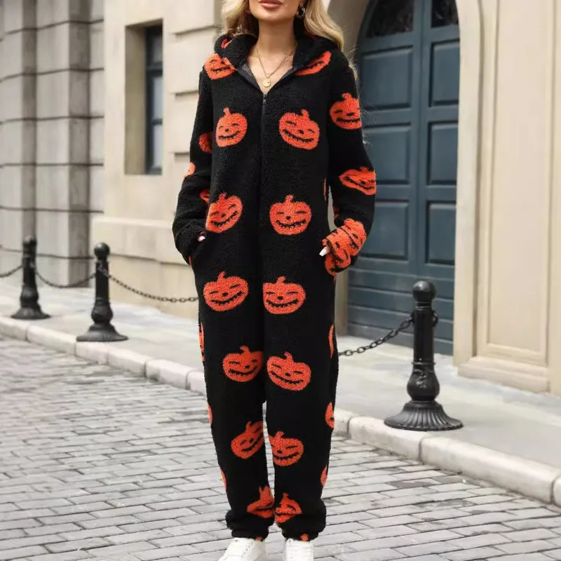 New Halloween Pumpkin Print Zipper Loose Plush Warm Jumpsuit For Autumn And Winter