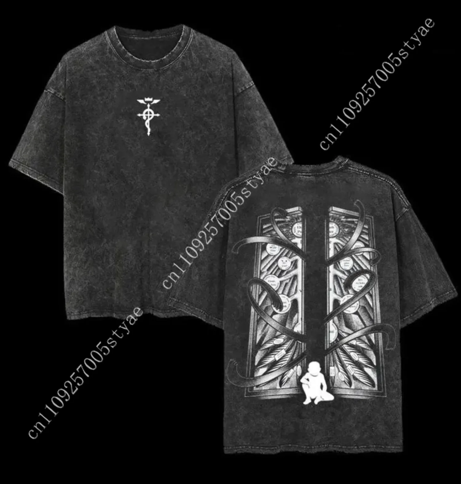 Vintage Washed Alchemist Symbol T-shirt Red and Black Anime Shirt Anime Lover Gift Graphic Print Oversized Washed Trendy T-shirt