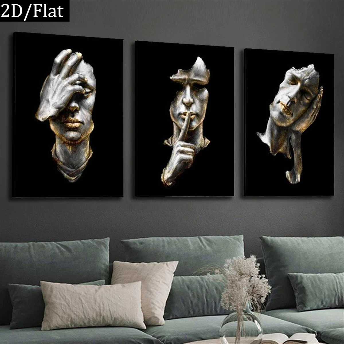 2D Flat 3pcs Black White Abstract Figure Canvas Wall Art - Unframed See Hear Speak No Evil Canvas Prints for Living Room Decor