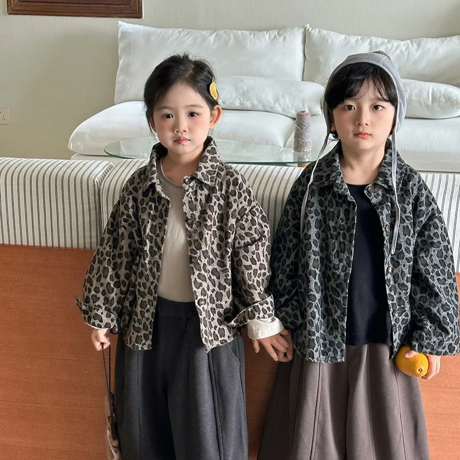 Shirt 2026 Spring and Autumn New Childrens Clothing Korean Style Boys and Girls Fashion Retro Leopard Print Long-sleeved Shirt