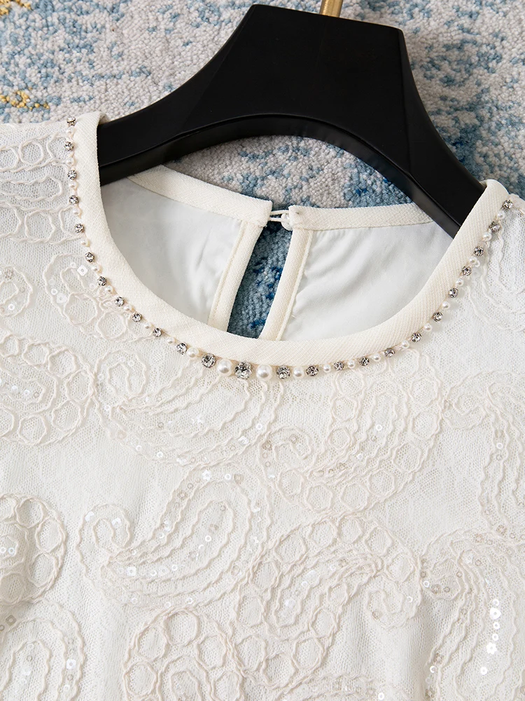 فستان صيفي فرنسي أنيق للصناعة الثقيلة مطرز بالترتر ورقبة دائرية بدون أكمام فستان قصير فضفاض مستقيم من الدانتيل للنساء