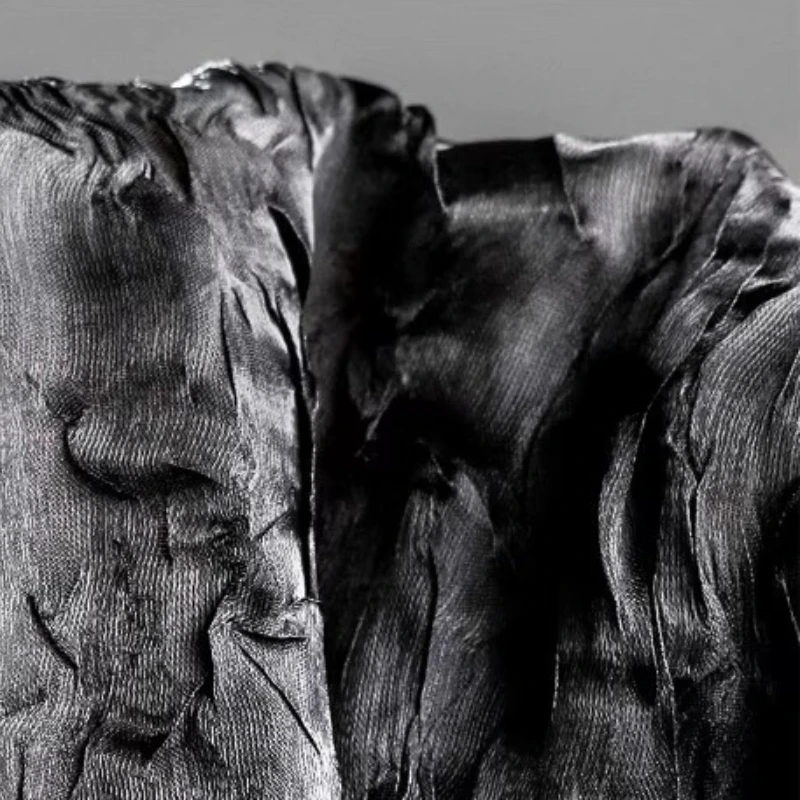 

Black Water Ripple Crushed Crepe Fabric Irregular Reflective Dress Shirt Windbreaker Wide Leg Pants Designer for Sewing Cloth
