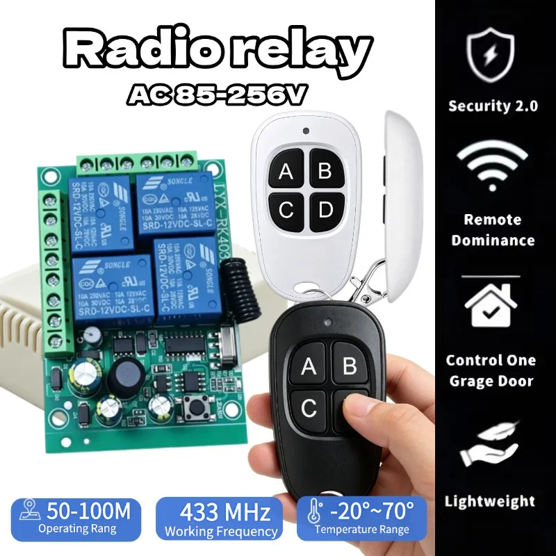 Interruptor de relé de controle sem fio AC 220V 4 canais 433MHz Transmissor remoto universal para portas de garagem