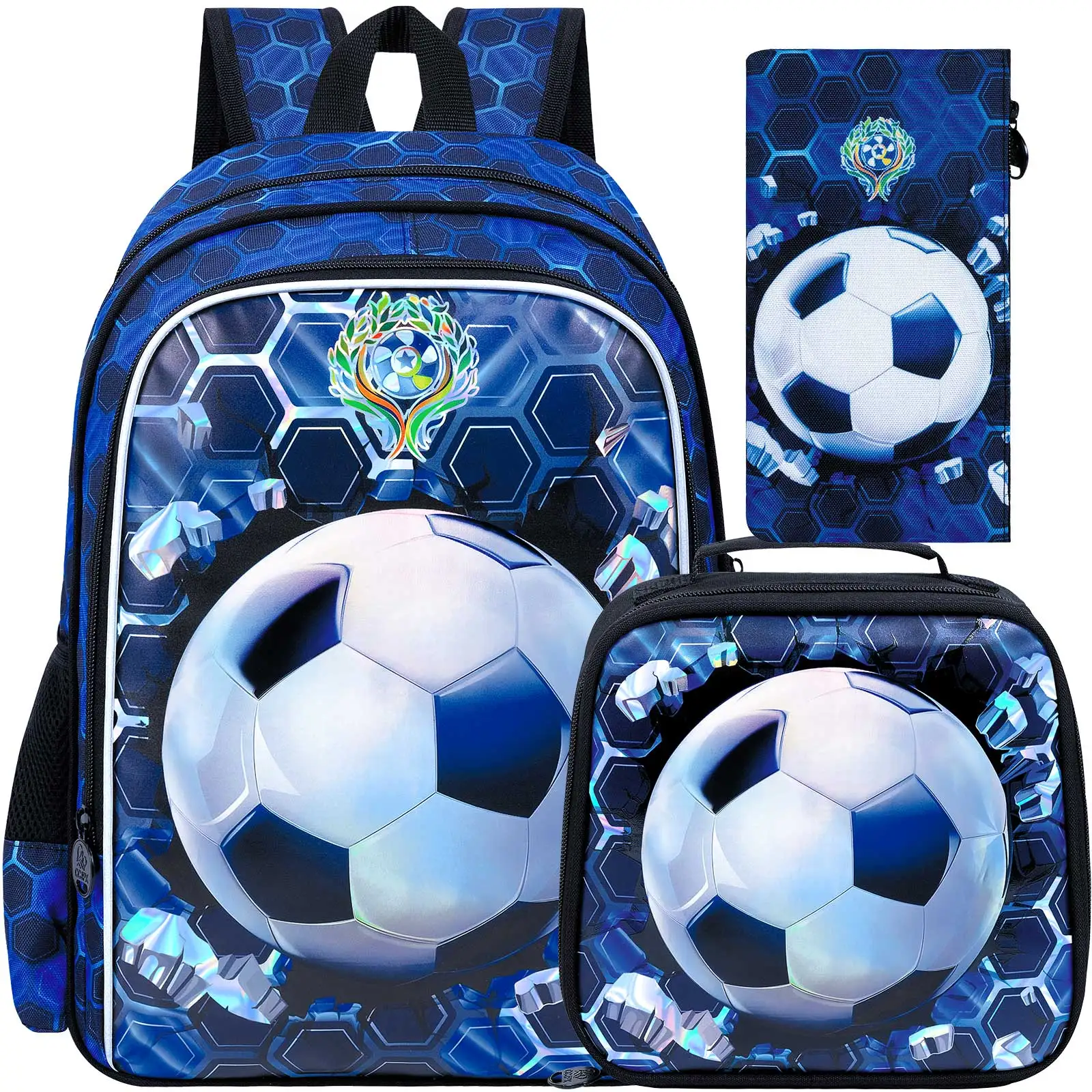 3PCS Football Backpack for Boys, 16 Inch Kids Water Resistant Preschool Bookbags with Lunch Box, Cool Elementary School Bag for