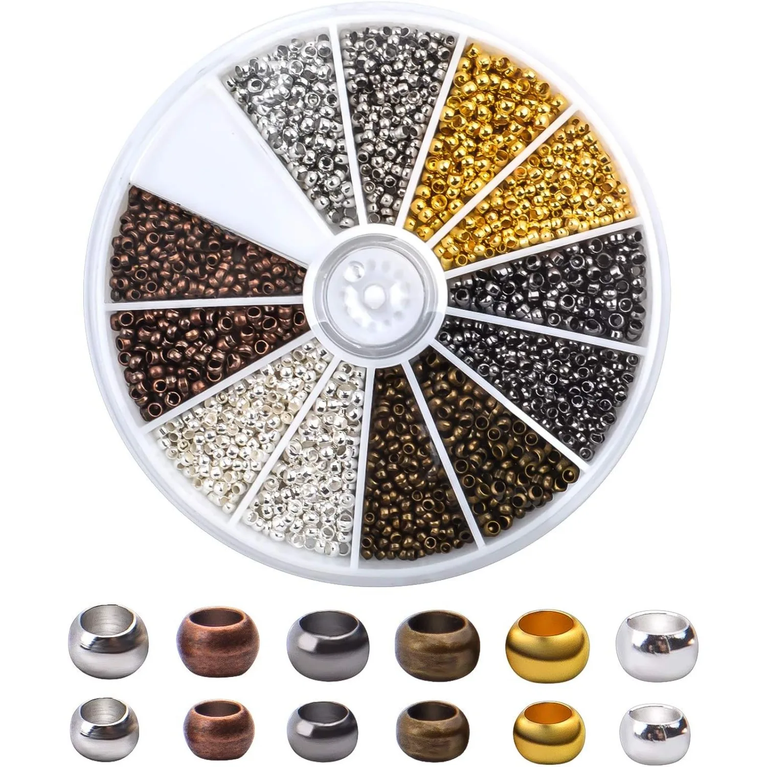 

2250 Pieces Tube Crimp Beads Jewelry Making Ends Round Loose Spacer Beads Metal Beads for Jewellery Making, 2 Sizes, 6 Colors