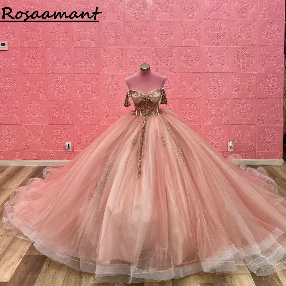 Pink Illusion Crystal Beading Ball Gown Quinceanera Dresses Off The Shoulder Gold Appliques Lace Corset Vestidos De 15 Años