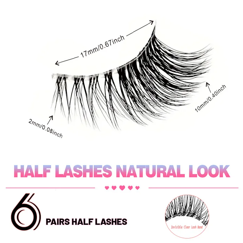 6 pairs of half-eye false eyelashes, lightweight and natural, lengthen the outer corners of the eyes, basic false eyelashes for daily use and travel