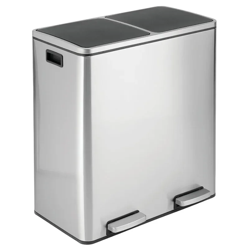 mDesign Metal Steel 16 Gallon/60-Liter, Dual Compartment Step Trash Can; Double Bin Trash Can/Recycler Combo for Kitchen