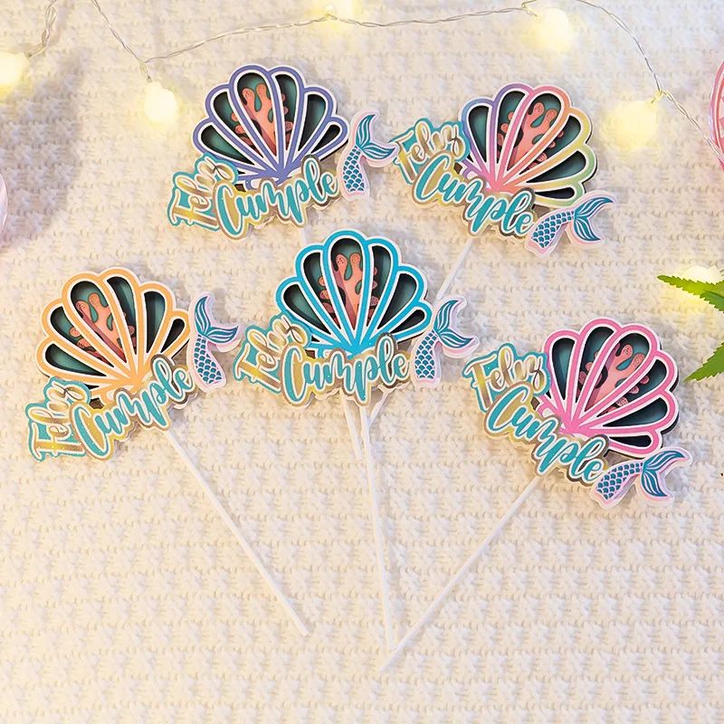 Feliz cumple Cake Topper Flag Mermaid Tail Shell Happy Birthday Wedding Kids Party Cake DIY Baking Cupcake Toppers Decoration