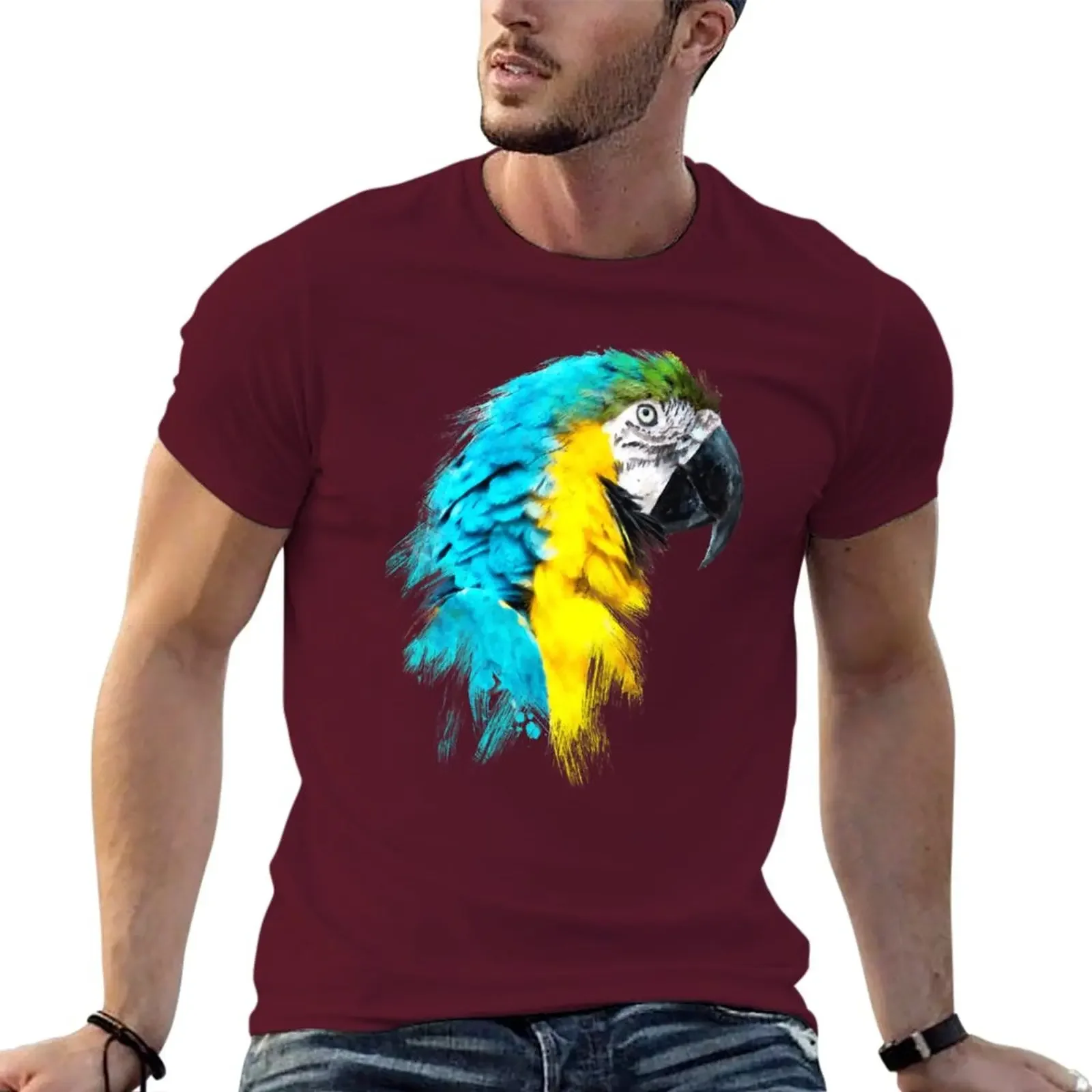 Tees Summer Tops Fitted TShirts for Men Dramabite Watercolour Blue Yellow Macaw Parrot T-Shirt Men Clothing Harajuku Summer Tops