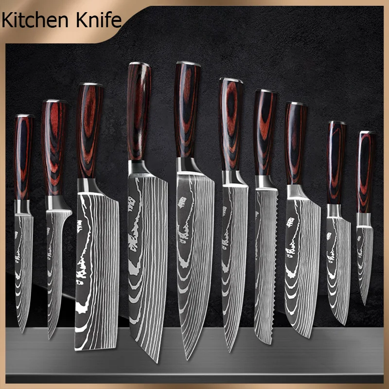 Chef Knife Stainless Steel Kitchen Knives 1-10PCS Set 7CR17 440C Laser Damascus Japanese Santoku Cleaver Slicing Utility Knife