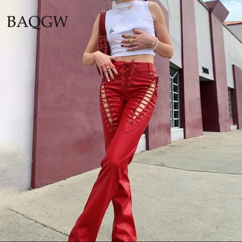 

Faux PU Leather Pants Hollow Out High Waist Solid Straight Pants Women Streetwear Solid Long Trousers Bandages Fashion Capris