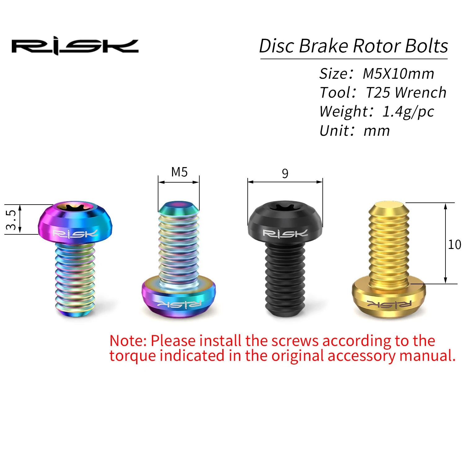 RISK 12pcs/bag Mountain Road Bike Bicycle TC4 Titanium M5X10mm Disc Brake Rotor Fixing Bolts Screws T25 Torx Round Head