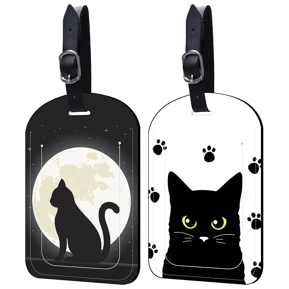 

Luggage Tags for Suitcase Black Cat 2 Pack Leather Idea Luggage Tags with Name Card Privacy Cover,Idea Travel Bag Labels for