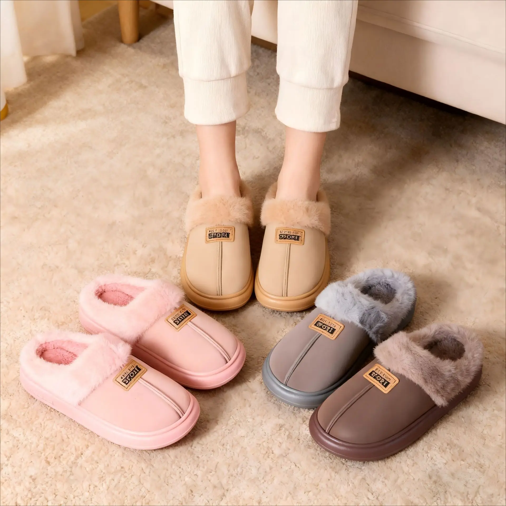 

Wholesale Fashion Women Fluffy Slippers for Autumn and Winter Indoor EVA Thick Sole Anti-Slip and Warm Unisex Slippers for Home