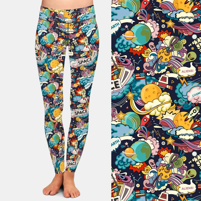 LETSFIND nuove donne Leggings Fitness 3D Cartoon Space Doodle stampa digitale Leggings moda a vita alta