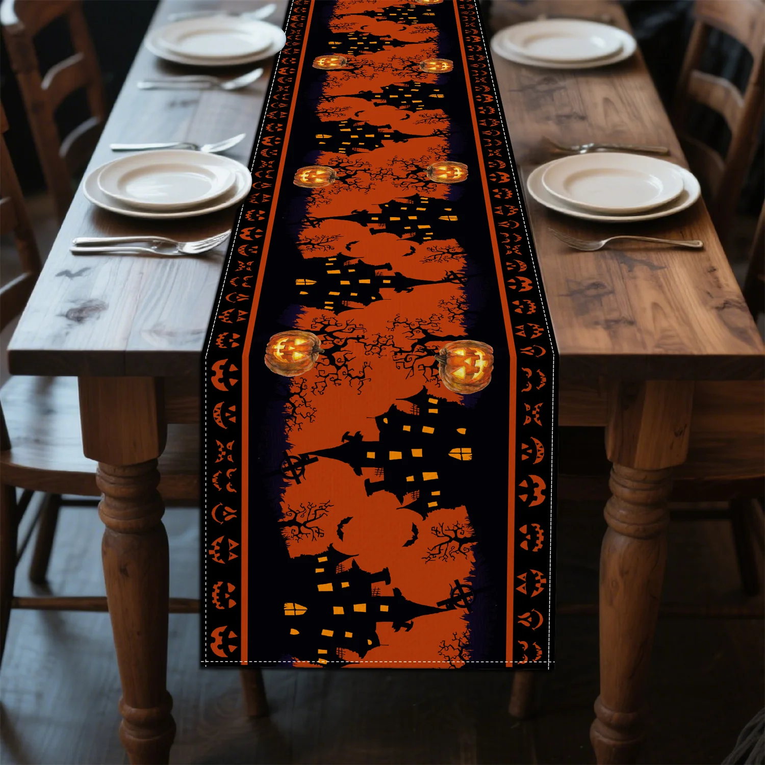 1pc Halloween Haunted House & Pumpkin Lanterns Table Runner - Spooky Black, Orange & Yellow Design with Bats, Ghosts & Haunted