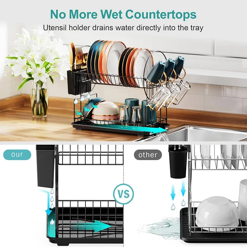 2 Tier Dish Drying Rack Drain Board Set Tableware Drainer Kitchen Countertop Storage Rack Space Saving Organizer for Countertop