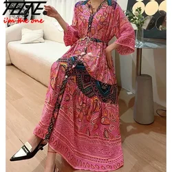 Maxi vestido indio informal para mujer, talla grande, algodón, lino, coreano, playa, Floral, Vintage, cuello en V, largo, bohemio, Verano