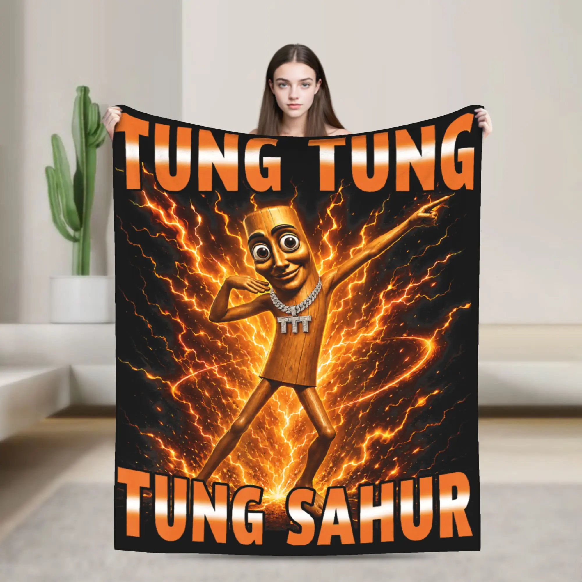 Warm Blanket Travel Office Tung Tung Tung Sahur is Calling Fun Viral Dance Meme Throw Blanket Fashion Bedspread For Living Room