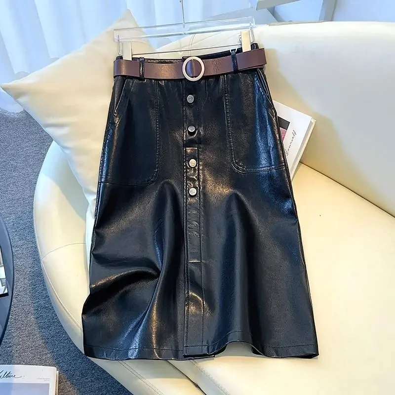 

Leather skirt mid length women's autumn winter new high waist slimming half body skirt, casual one-step skirt