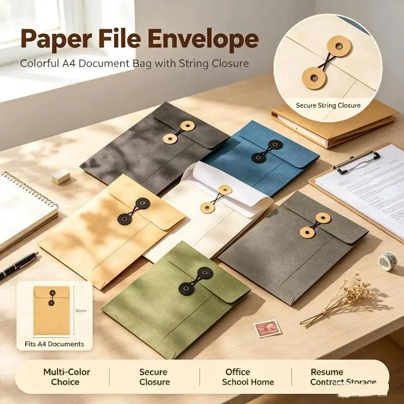 A4 A5 A6 Thickened Kraft Paper Envelopes String Tie Closure Portable File Invoice Storage Bag for Students