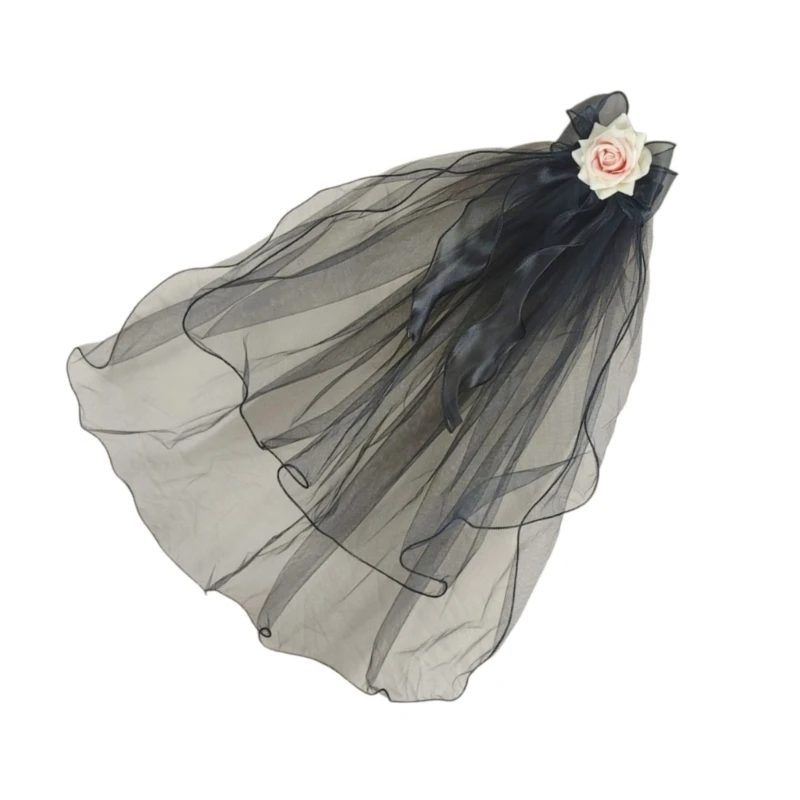 Velo da sposa Sposa Foulard elaborato con fiori Velo nero Addio nubilato