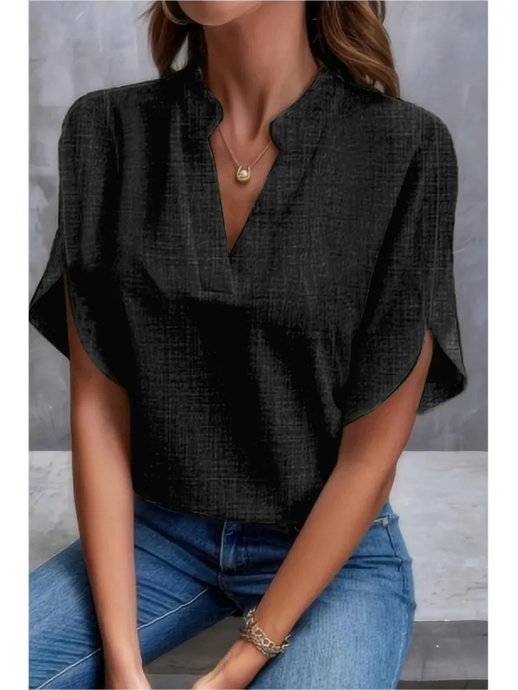 Summer Solid Color V-neck Off-shoulder Women\'s Blouse Loose Tops 2024 Elegant Office Shirt New Fashion Black Top For Women