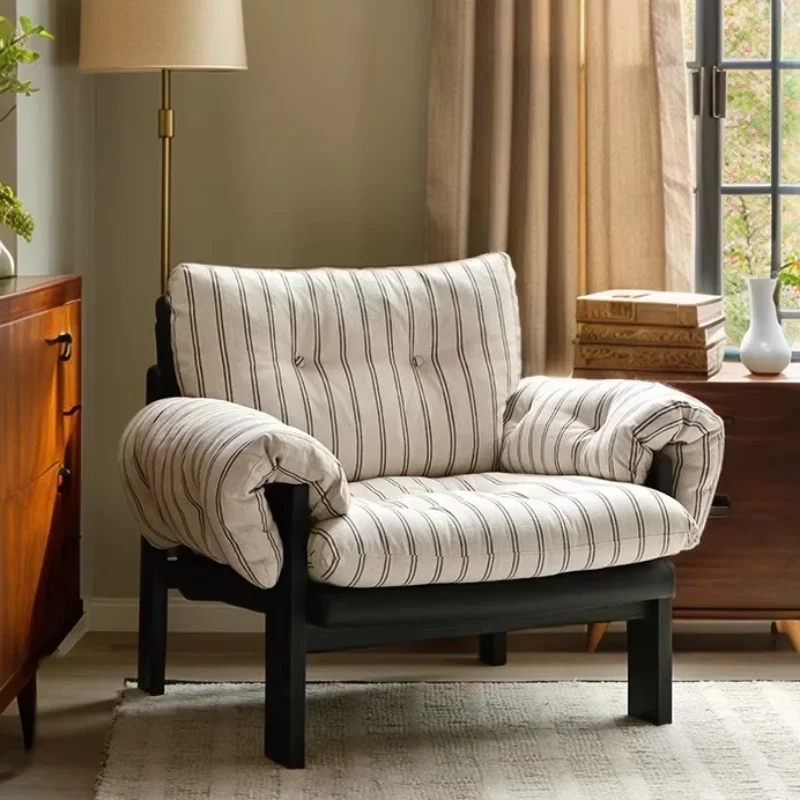 

French retro single sofa chair antique living room cotton and linen removable and washable lazy striped sofa
