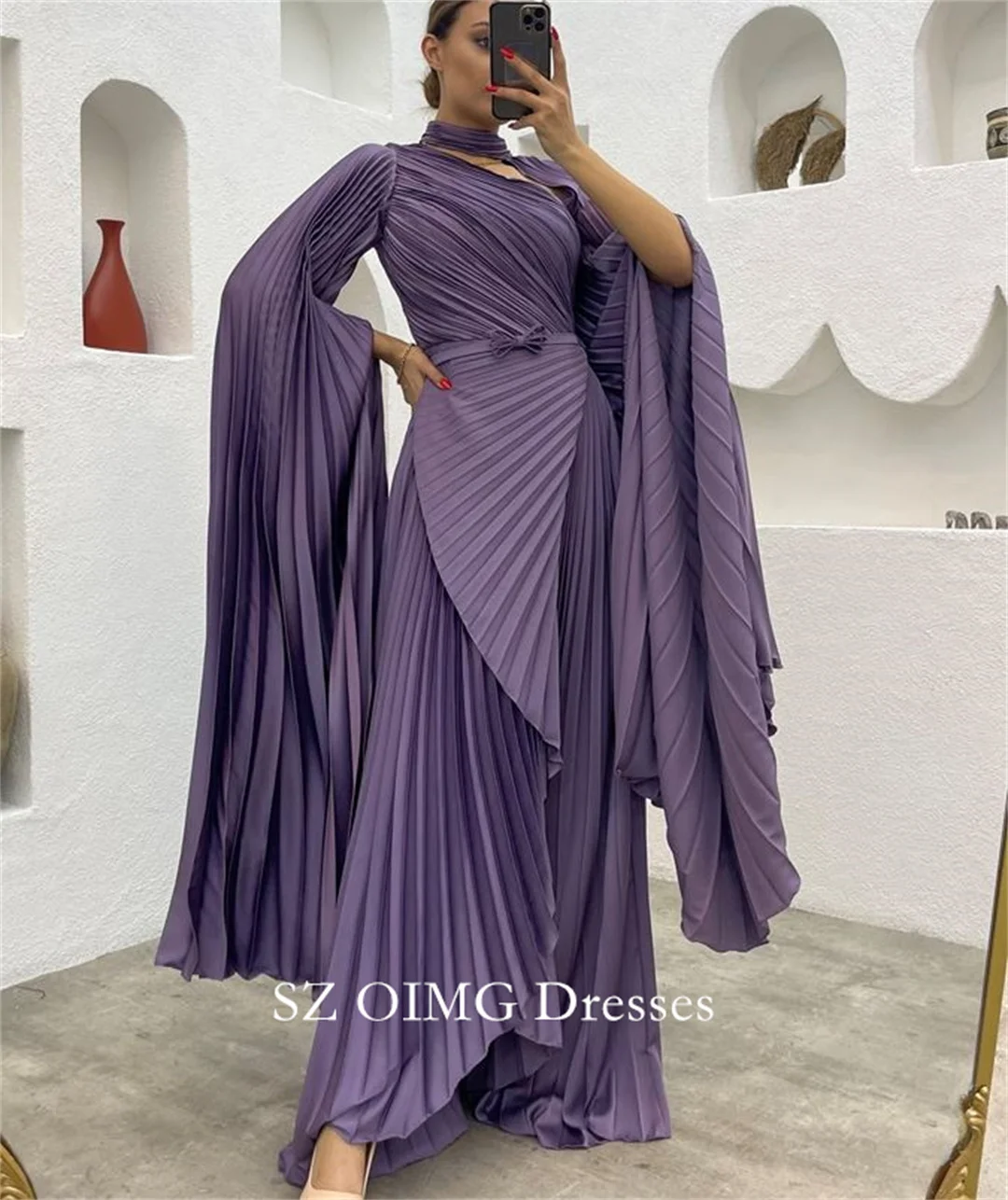 OIMG Arabic High Neck Satin  Dress Fashion Long Sleeves Pleated Modest Customized Wedding Party Gowns For Women 2024 Customized