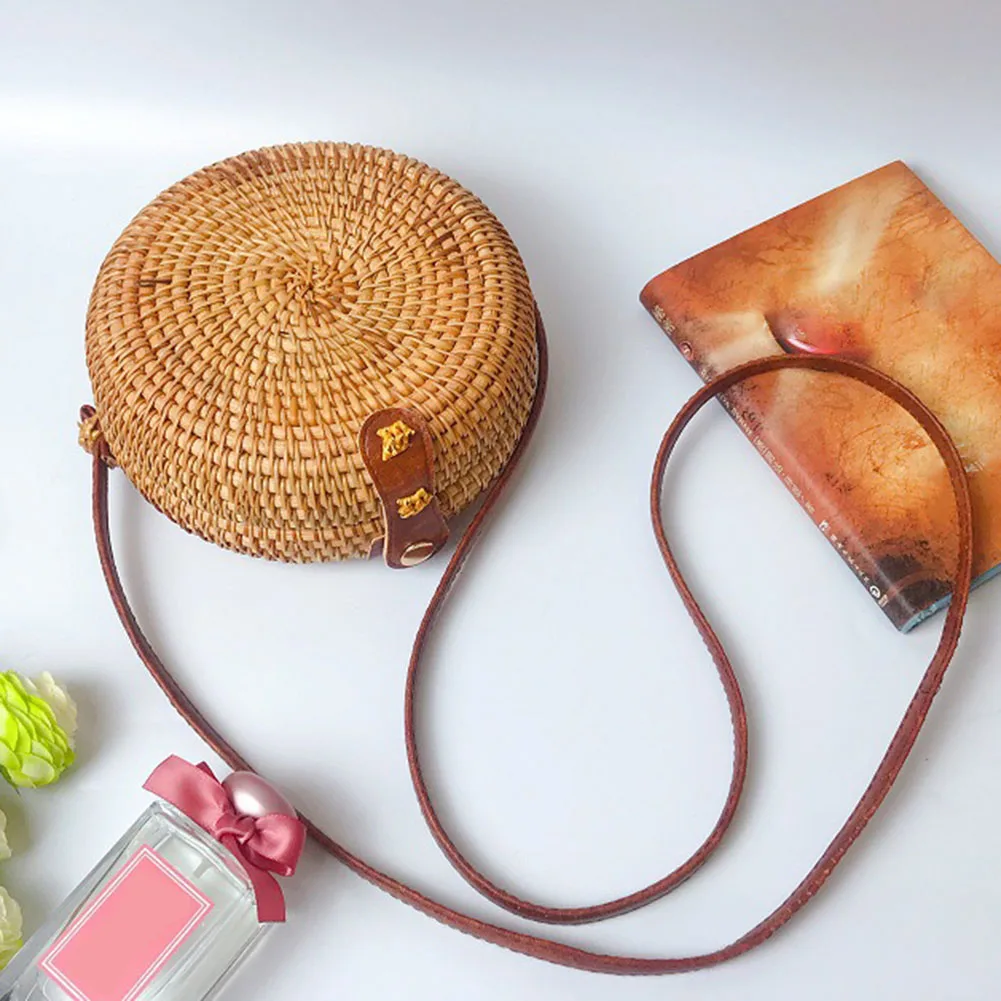 Retro tkana torba rattanowa, letnie damskie torby typu Crossbody na zakupy Party Travel, ręcznie wykonana ze słomy okrągła torebka plażowa dla