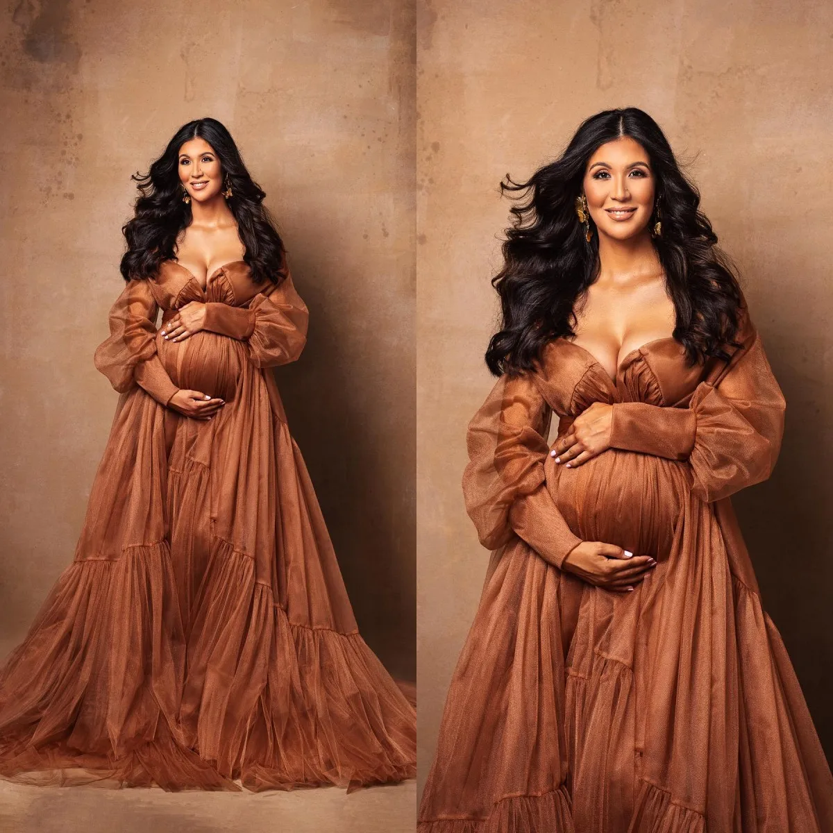 

Elegant Brown Long Sleeve Prom Dresses Women A Line Tulle Photography Dressing Gown Customise Baby Shower Vestidos