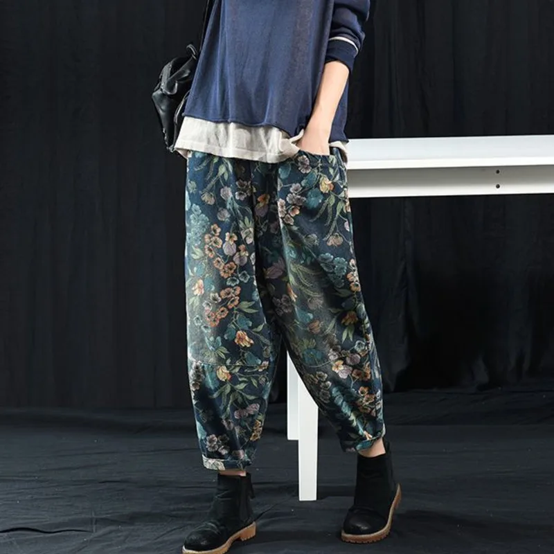Casual Denim Harem Pants For Women Loose High Waist Baggy Jeans Spring Autumn Vintage Floral Print Trousers