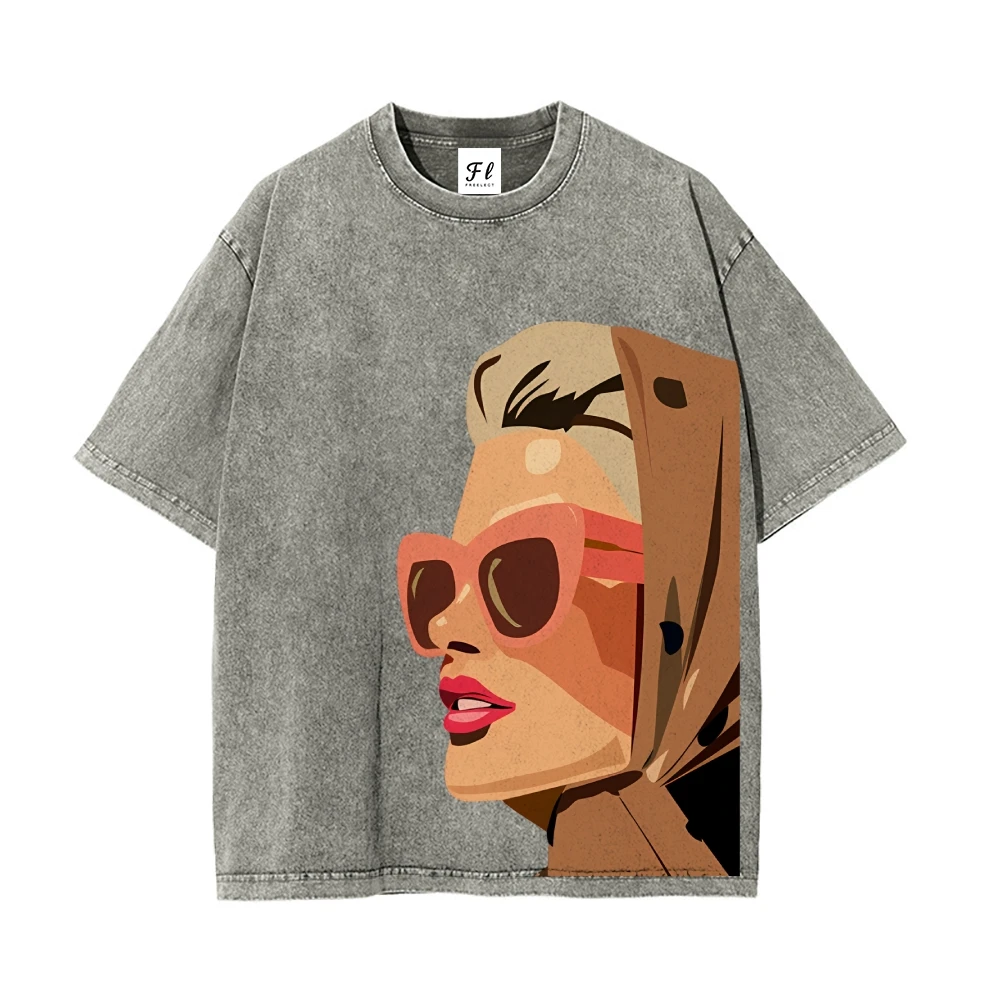 Vintage-T-Shirt mit gewaschenem Rundhalsausschnitt und stilvollem Damen-Grafik-atmungsaktivem Kurzarm-T-Shirt, lässig, modisch, bequem