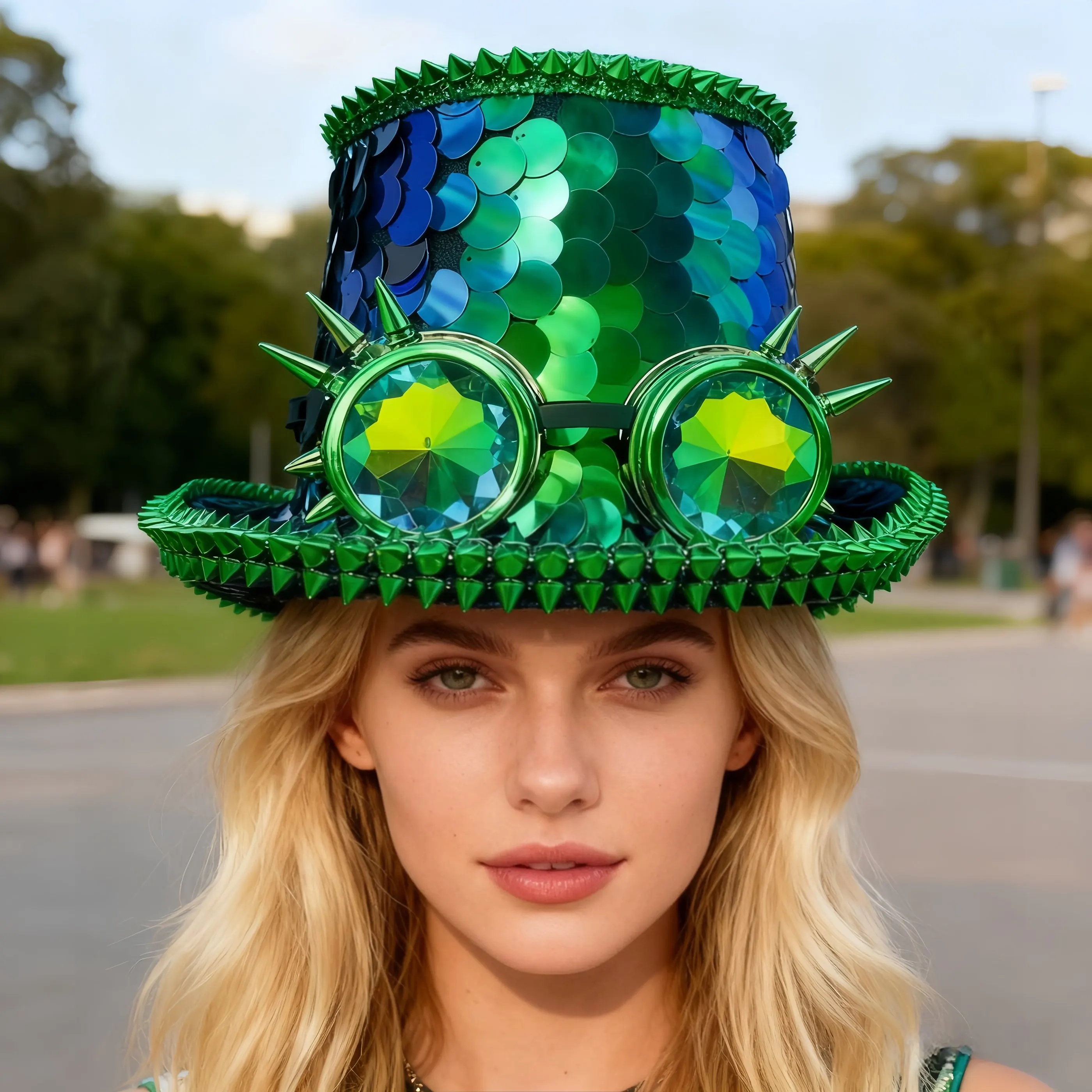 HongLuan Green Leopard Steampunk Top Hats for Man , Sequin Festival Top Hat for Woman with Goggles, Burningman Outfit for Women