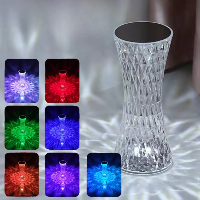 Lámpara de mesa de diamante de cristal, luces nocturnas que cambian de 16 colores, forma de cintura pequeña, recargable, mesita de noche, lámpara de dormitorio con botón táctil